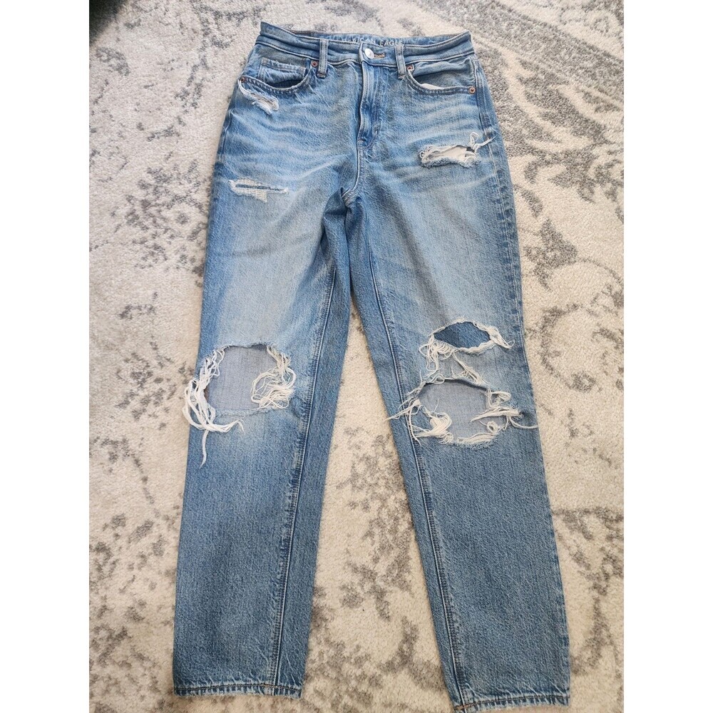 American Eagle Mom Jeans Distressed Patchwork Size 2 Long Y2K 90s Bohemian